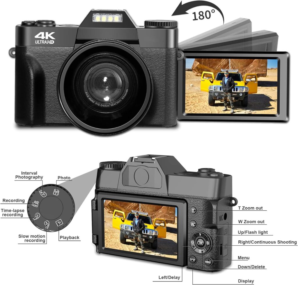 4K Camcorder 48MP Video Camera for YouTube with Infrared Night Vision, 18X Digital Zoom, 3.0“ 270° Rotation Touch Screen, Vlogging Camera for Beginners with Mini Tripod and 2 Batteries