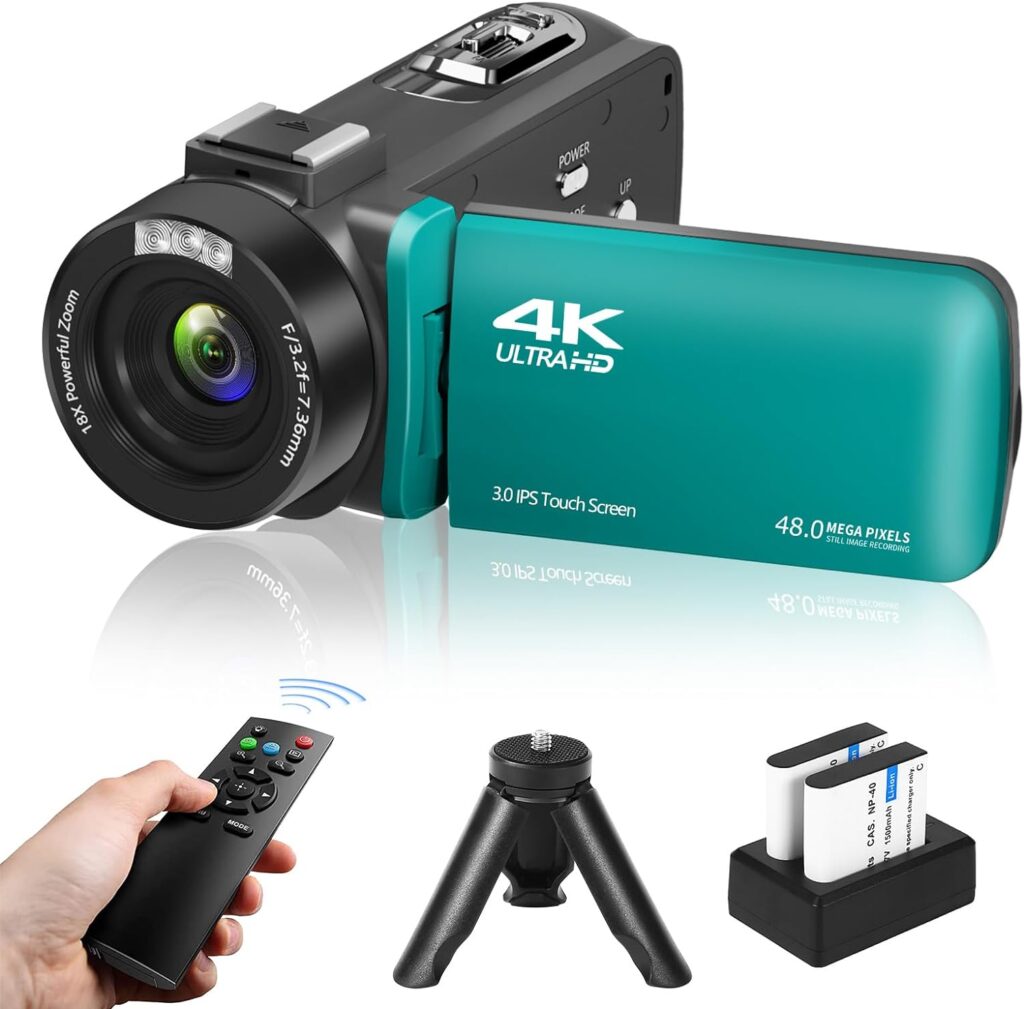 4K Camcorder 48MP Video Camera for YouTube with Infrared Night Vision, 18X Digital Zoom, 3.0“ 270° Rotation Touch Screen, Vlogging Camera for Beginners with Mini Tripod and 2 Batteries