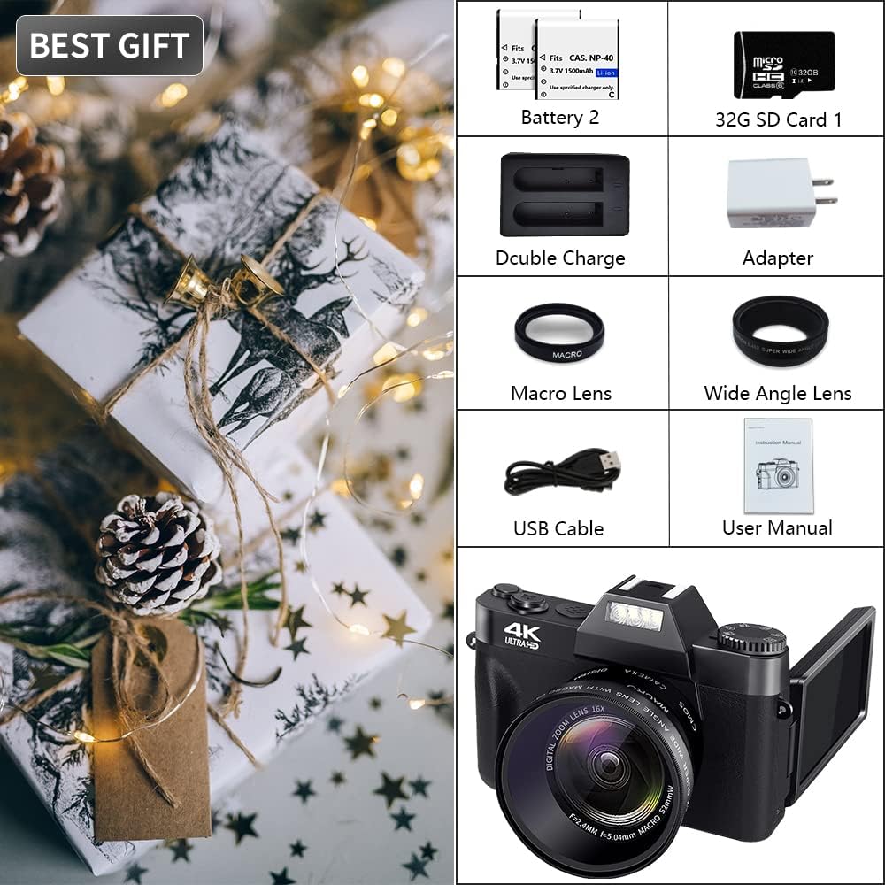 4K Camcorder 48MP Video Camera for YouTube with Infrared Night Vision, 18X Digital Zoom, 3.0“ 270° Rotation Touch Screen, Vlogging Camera for Beginners with Mini Tripod and 2 Batteries
