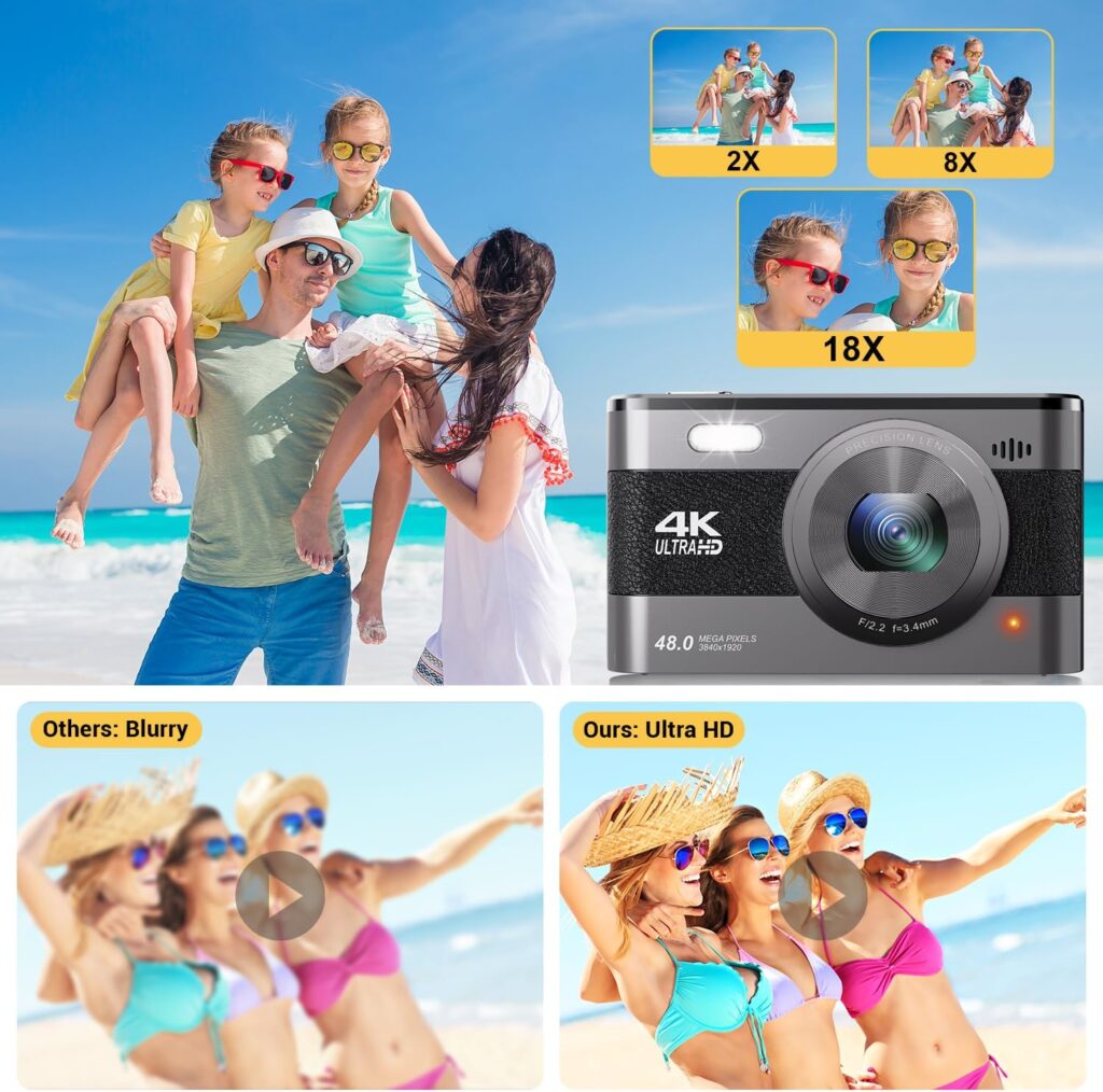 4K Digital Camera, 48MP Vlogging Camera for Photography YouTube Compact Travel Camera with Flash,18X Digital Zoom, Anti Shake 32G SD Card and 2 Batteries