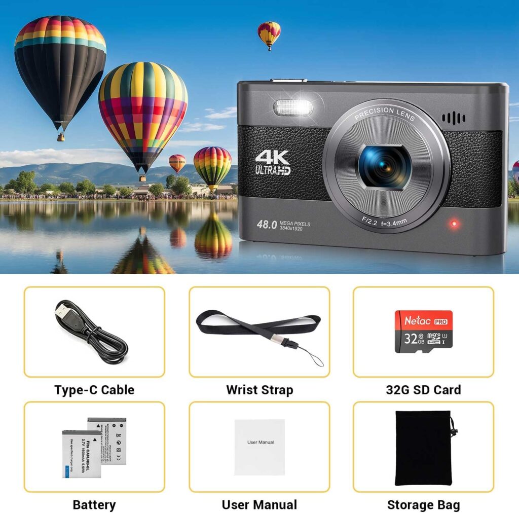 4K Digital Camera, 48MP Vlogging Camera for Photography YouTube Compact Travel Camera with Flash,18X Digital Zoom, Anti Shake 32G SD Card and 2 Batteries