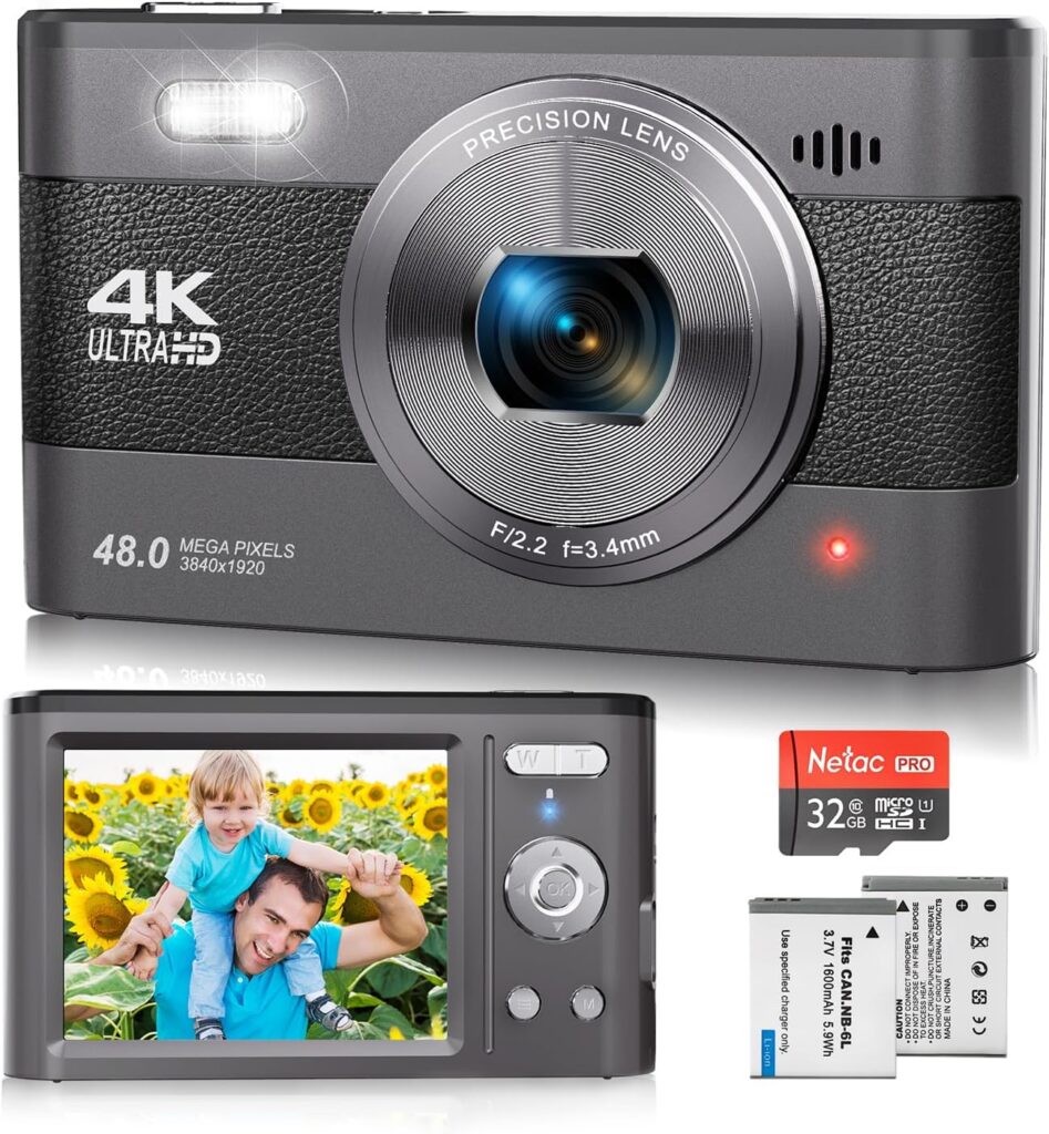 4K Digital Camera, 48MP Vlogging Camera for Photography YouTube Compact Travel Camera with Flash,18X Digital Zoom, Anti Shake 32G SD Card and 2 Batteries