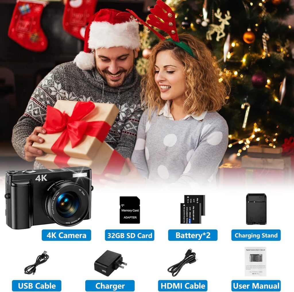 4K Digital Camera for Photography and Video Autofocus 48MP Vlogging Camera for YouTube Compact Camera 16X Digital Zoom with Flash 180 Degree 3.0 inch Flip Screen, 32G SD Card, 2 Batteries  Charger