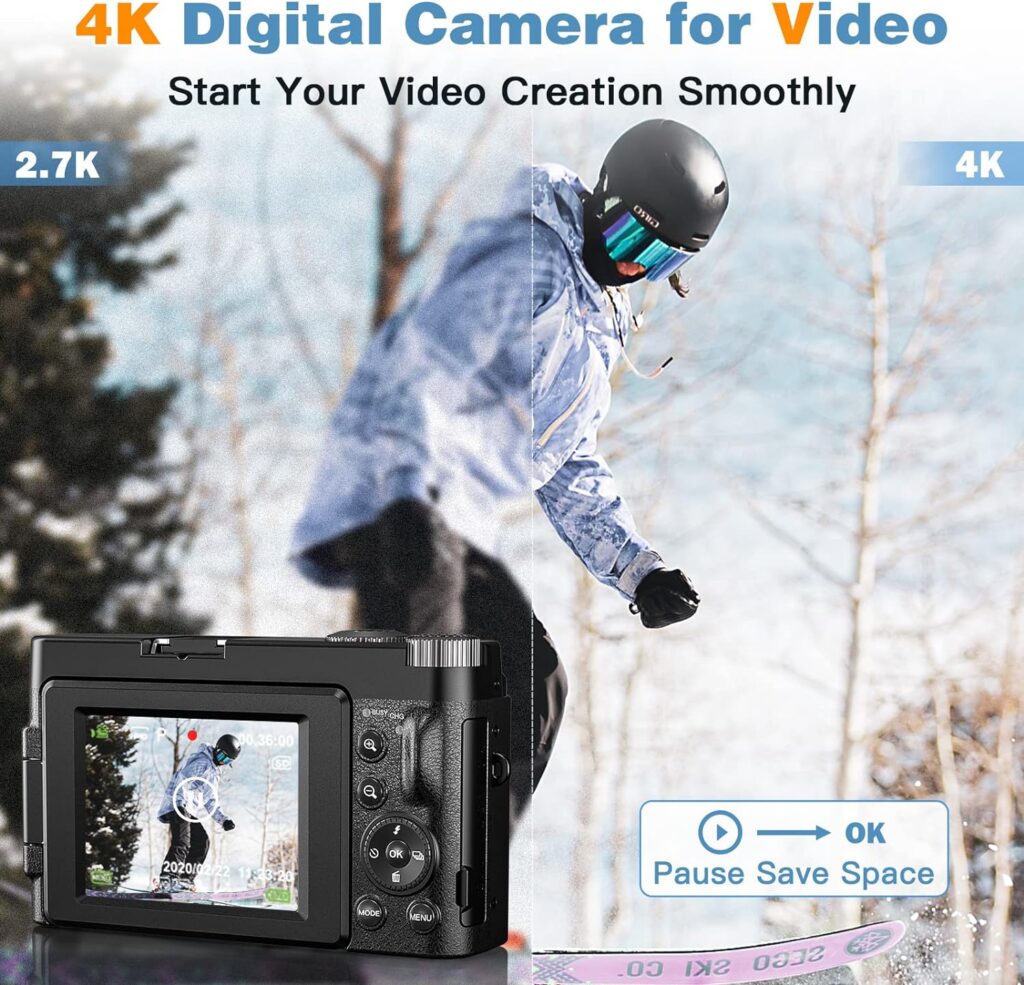4K Digital Camera for Photography and Video Autofocus Anti-Shake, 48MP Vlogging Camera with SD Card, 3 180° Flip Screen Compact Camera with Flash, 16X Digital Zoom Travel Camera (2 Batteries)