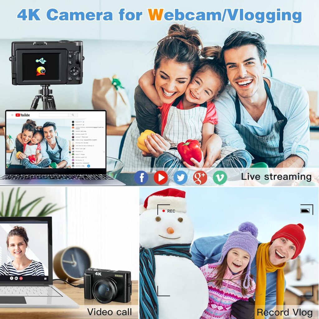 4K Digital Camera for Photography and Video Autofocus Anti-Shake, 48MP Vlogging Camera with SD Card, 3 180° Flip Screen Compact Camera with Flash, 16X Digital Zoom Travel Camera (2 Batteries)