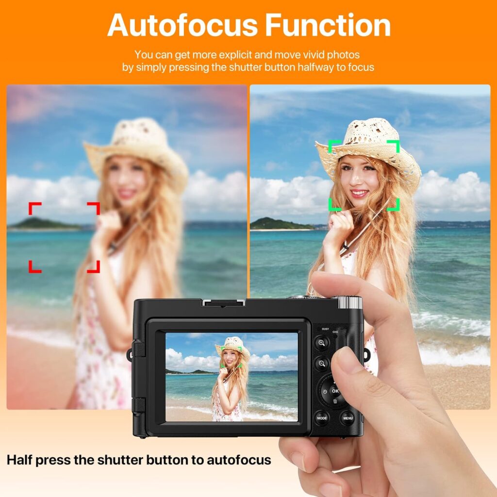 4K Digital Camera for Photography Autofocus 16X Digital Zoom, 48MP Vlogging Camera with 32GB SD Card, 3 180° Flip Screen Compact Camera,2 Batteries