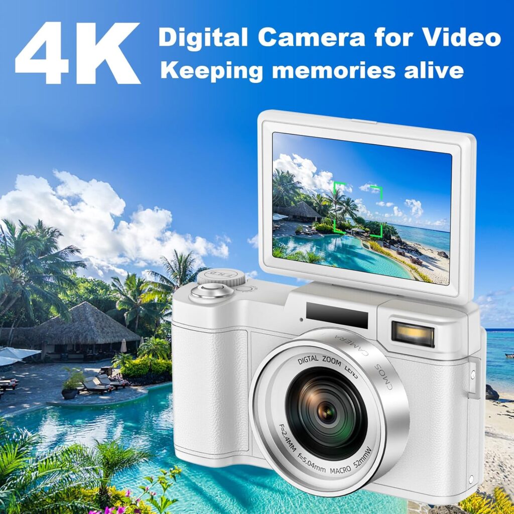 4K Digital Camera for Photography, Autofocus 48MP Vlogging Camera for YouTube with 16X Digital Zoom Macro Camera, 3’’180°Flip Screen Compact Video Camera with Liftable Flash, SD Card2 Batteries