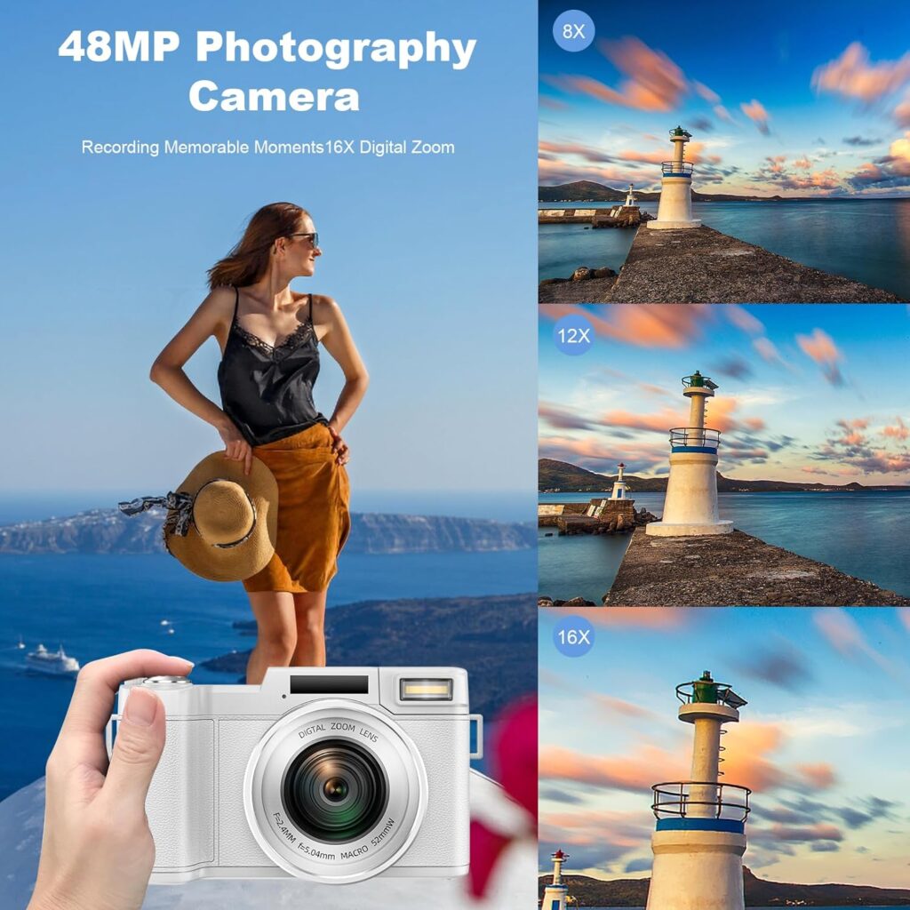 4K Digital Camera for Photography, Autofocus 48MP Vlogging Camera for YouTube with 16X Digital Zoom Macro Camera, 3’’180°Flip Screen Compact Video Camera with Liftable Flash, SD Card2 Batteries