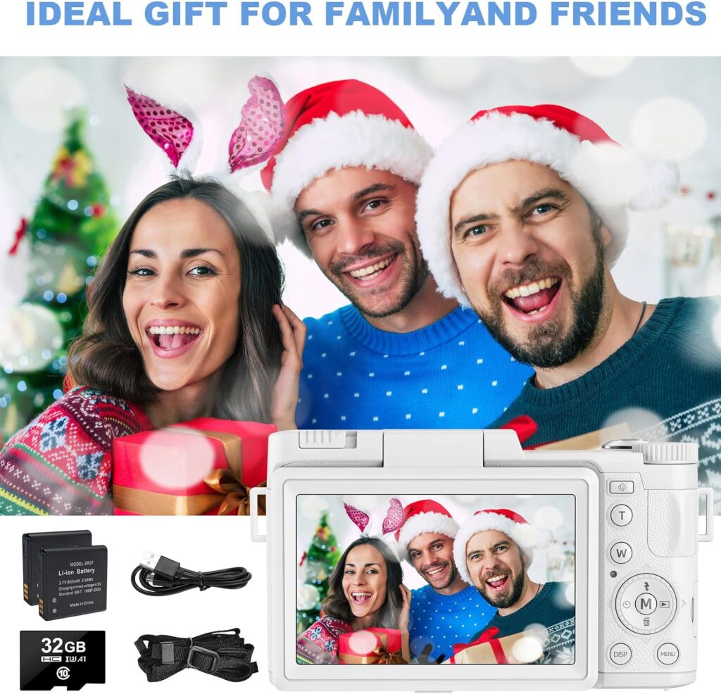 4K Digital Camera for Photography, Autofocus 48MP Vlogging Camera for YouTube with 16X Digital Zoom Macro Camera, 3’’180°Flip Screen Compact Video Camera with Liftable Flash, SD Card2 Batteries