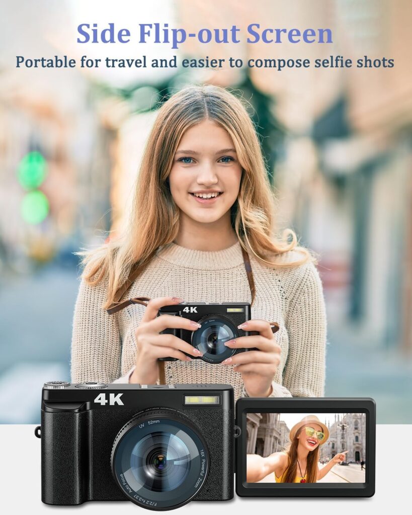 4K Digital Camera with Flash  Selfie, 48MP Camera for Photography with Autofocus 16X Zoom, Anti-Shake Vlogging Camera Compact Travel Digital Cameras with Flip Screen, 32GB Memory Card, Two Batteries