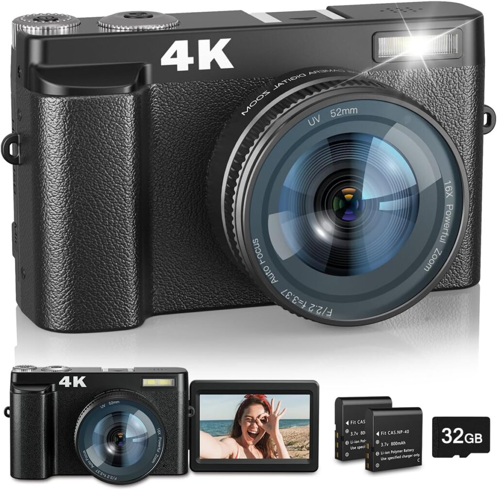 4K Digital Camera with Flash  Selfie, 48MP Camera for Photography with Autofocus 16X Zoom, Anti-Shake Vlogging Camera Compact Travel Digital Cameras with Flip Screen, 32GB Memory Card, Two Batteries