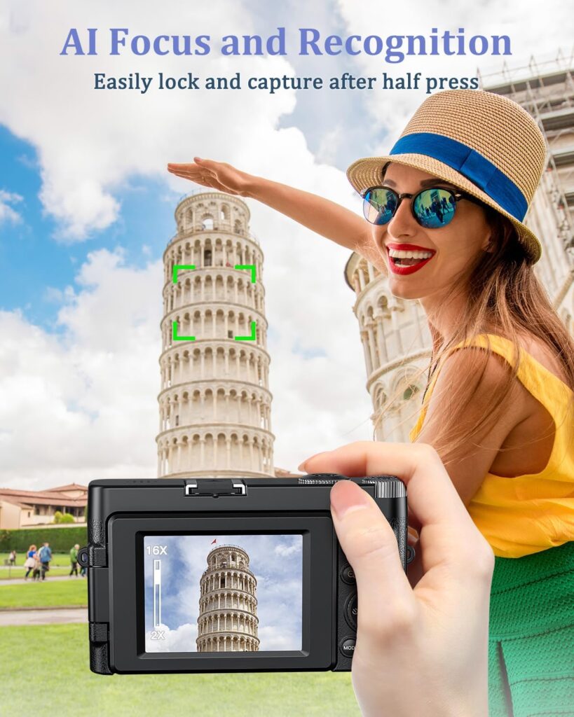 4K Digital Camera with Flash  Selfie, 48MP Camera for Photography with Autofocus 16X Zoom, Anti-Shake Vlogging Camera Compact Travel Digital Cameras with Flip Screen, 32GB Memory Card, Two Batteries