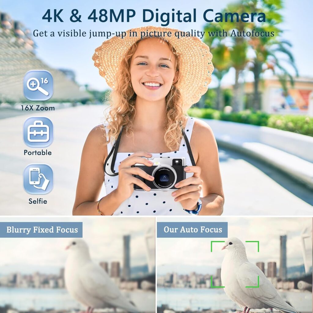 4K Digital Camera with Viewfinder  Flash, Autofocus 48MP Cameras for Photography Vlogging Camera for Adults Teens Compact Travel Camera with Classic Dial, Time Lapse, Selfie, 16X Zoom, 32GB SD Card