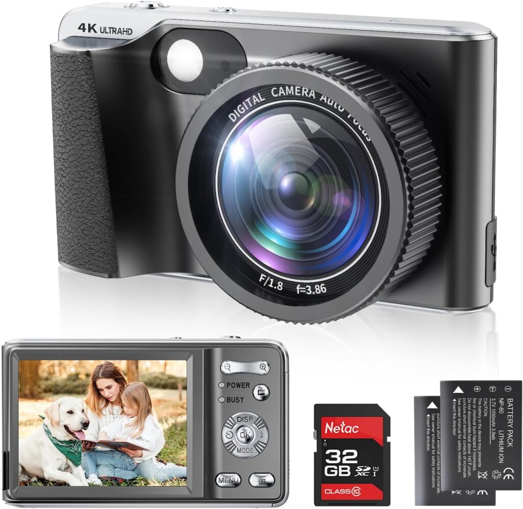 4K Digital Camera,Autofocus 48MP Vlogging Camera for Photography YouTube Compact Camera with Flash,18X Digital Zoom, Anti Shake, Macro Photography, 32G SD Card and 2 Batteries