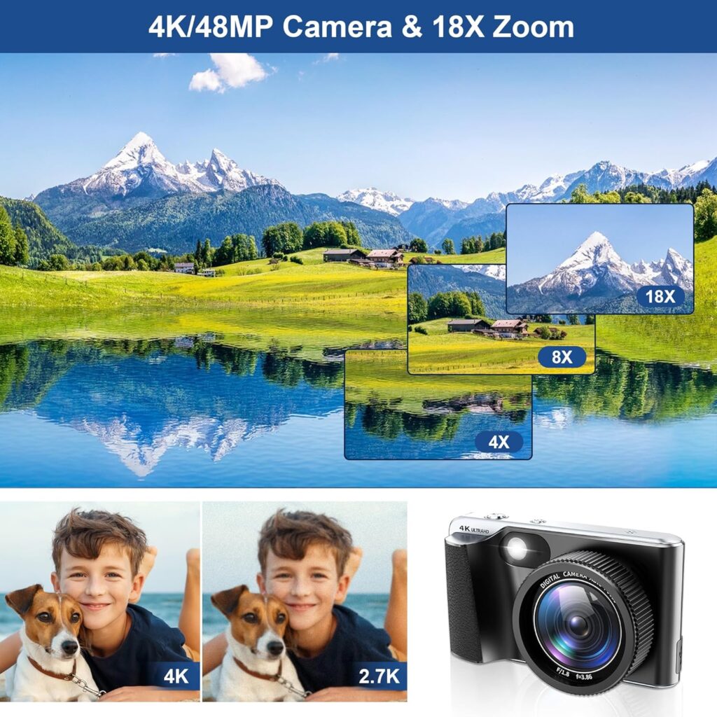 4K Digital Camera,Autofocus 48MP Vlogging Camera for Photography YouTube Compact Camera with Flash,18X Digital Zoom, Anti Shake, Macro Photography, 32G SD Card and 2 Batteries