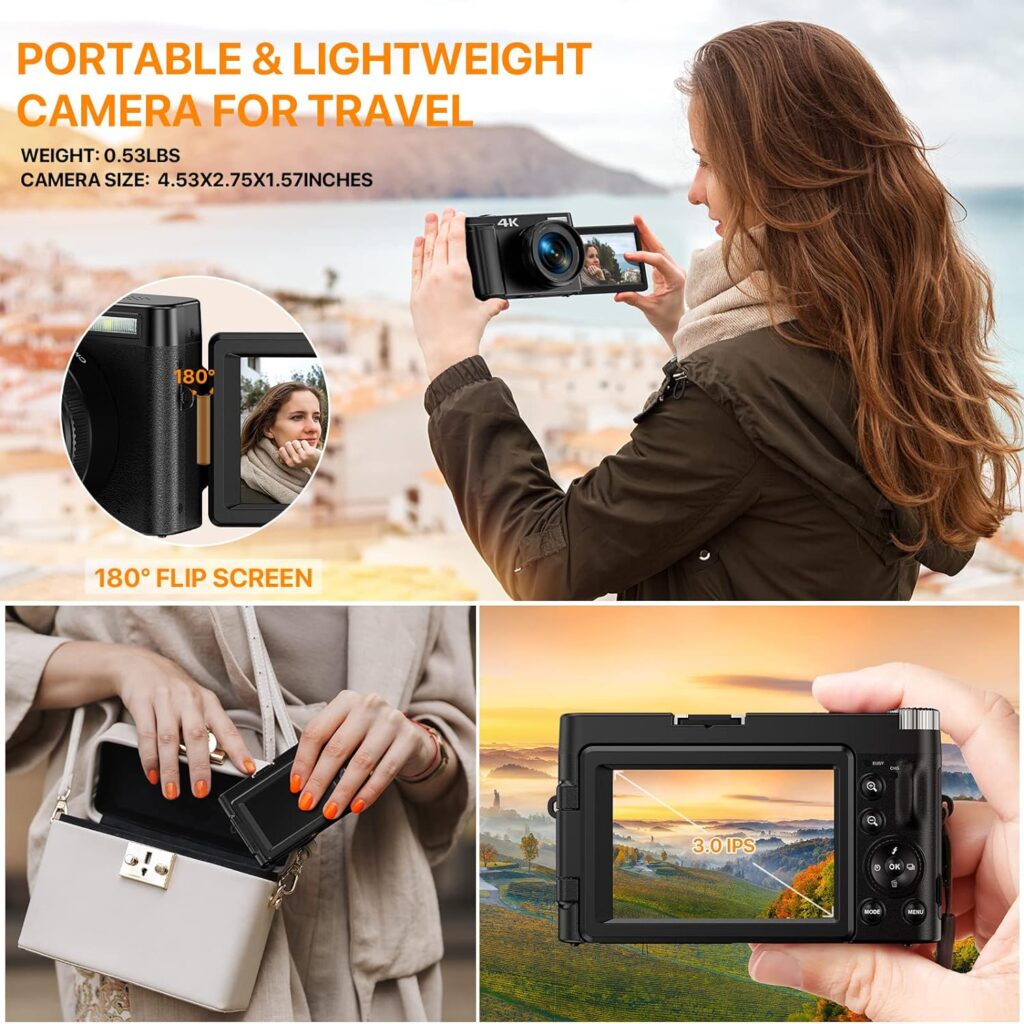 Amazon.com : 4K Digital Camera for Photography with 3 180°Flip Screen, Autofocus 48MP Vlogging Cameras for YouTube Compact Camera with 16X Digital Zoom 32GB SD Card, 2 Batteries and Charging Stand for Travel : Electronics