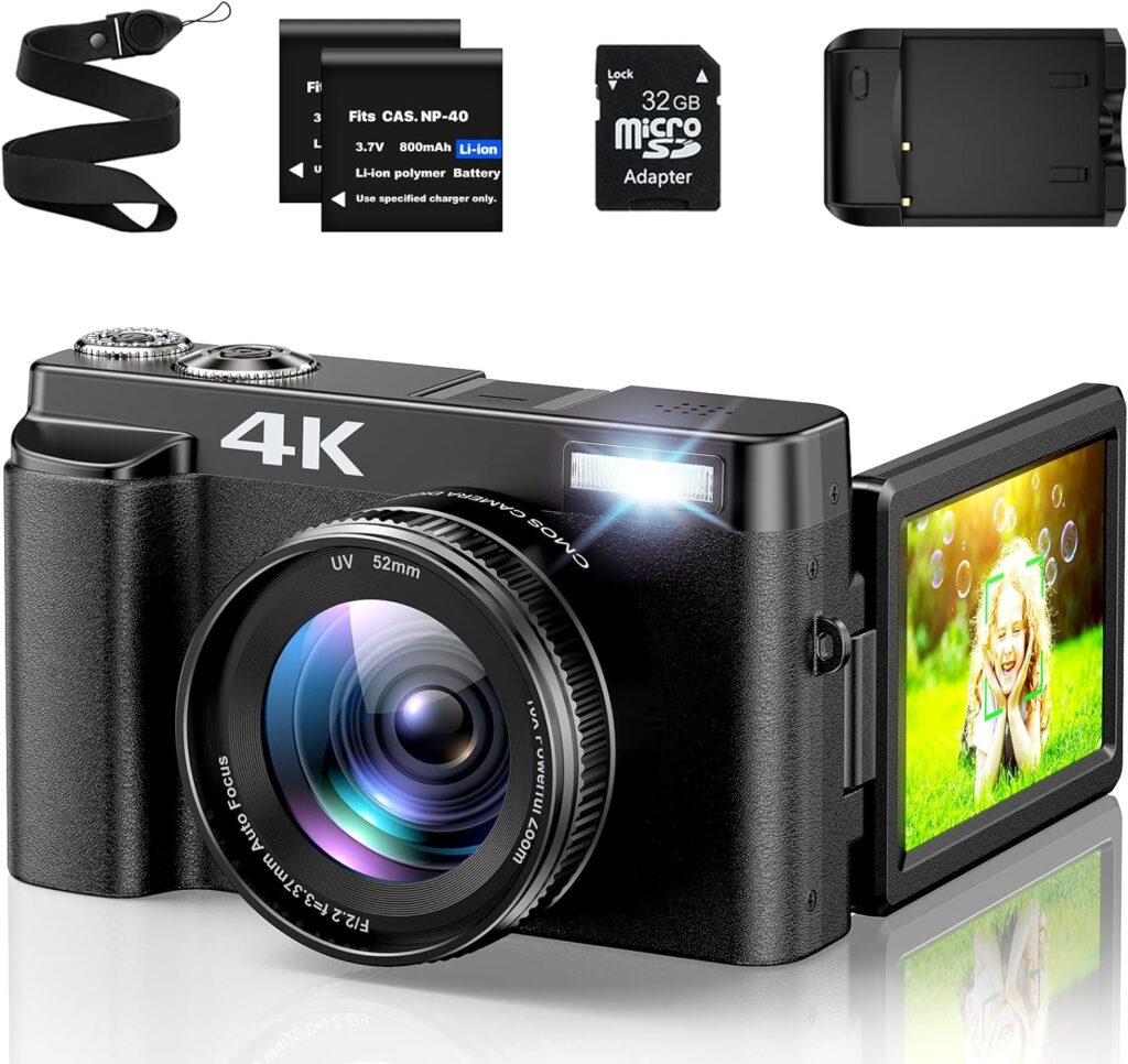 Amazon.com : 4K Digital Camera for Photography with 3 180°Flip Screen, Autofocus 48MP Vlogging Cameras for YouTube Compact Camera with 16X Digital Zoom 32GB SD Card, 2 Batteries and Charging Stand for Travel : Electronics