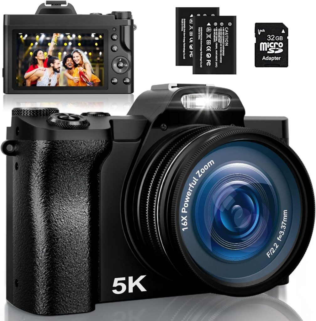 Amazon.com : 5K Digital Camera, WiFi Vlogging Camera with 32G SD Card, 48MP Autofocus Compact Camera 6-Axis Stabilization Travel Camera with UV Filter 16x Digital Zoom and 2 Batteries for Boys, Girls, Beginners : Electronics