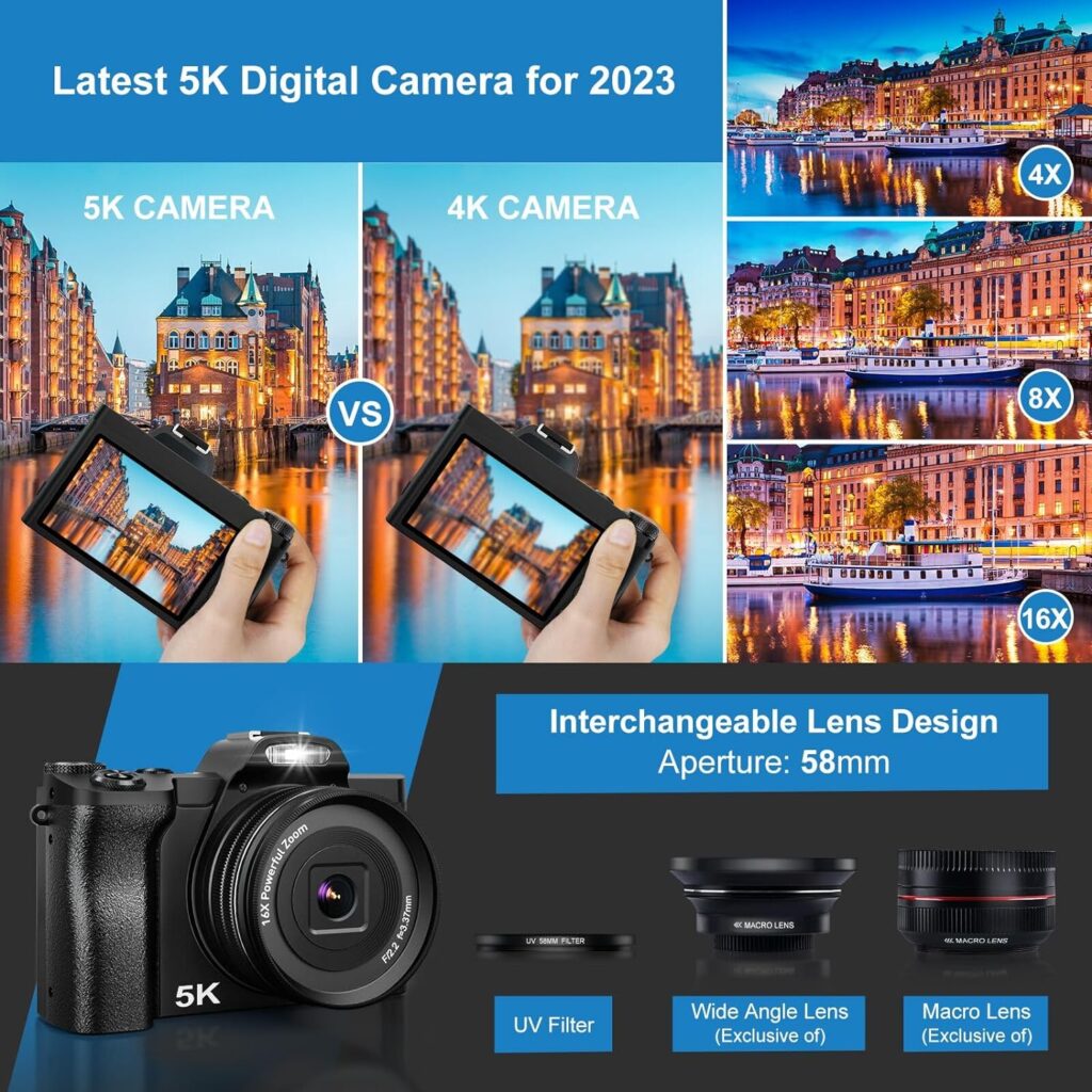 Amazon.com : 5K Digital Camera, WiFi Vlogging Camera with 32G SD Card, 48MP Autofocus Compact Camera 6-Axis Stabilization Travel Camera with UV Filter 16x Digital Zoom and 2 Batteries for Boys, Girls, Beginners : Electronics