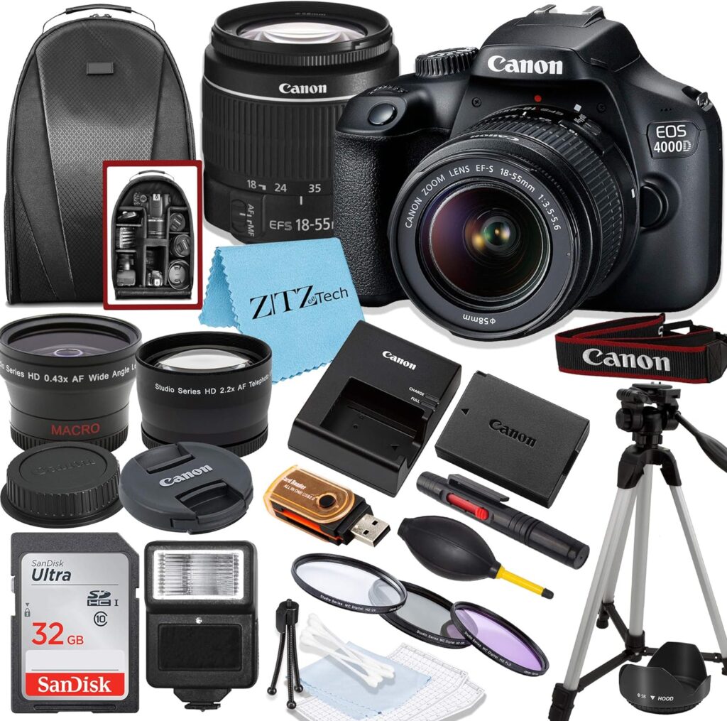 Amazon.com : Canon EOS T100/4000D DSLR Camera with EF-S 18-55mm Lens, SanDisk Memory Card, Tripod, Flash, Backpack + ZeeTech Accessory Bundle (Canon 18-55mm, SanDisk 32GB) (Renewed) : Electronics