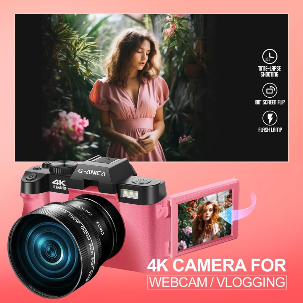 Amazon.com : G-Anica Digital Cameras for Photography, 48MP4K Video/Vlogging Camera for YouTube with WiFi, 60FPS Autofocus Travel Camera with Wide-Angle  Macro Lens （Pink） : Electronics