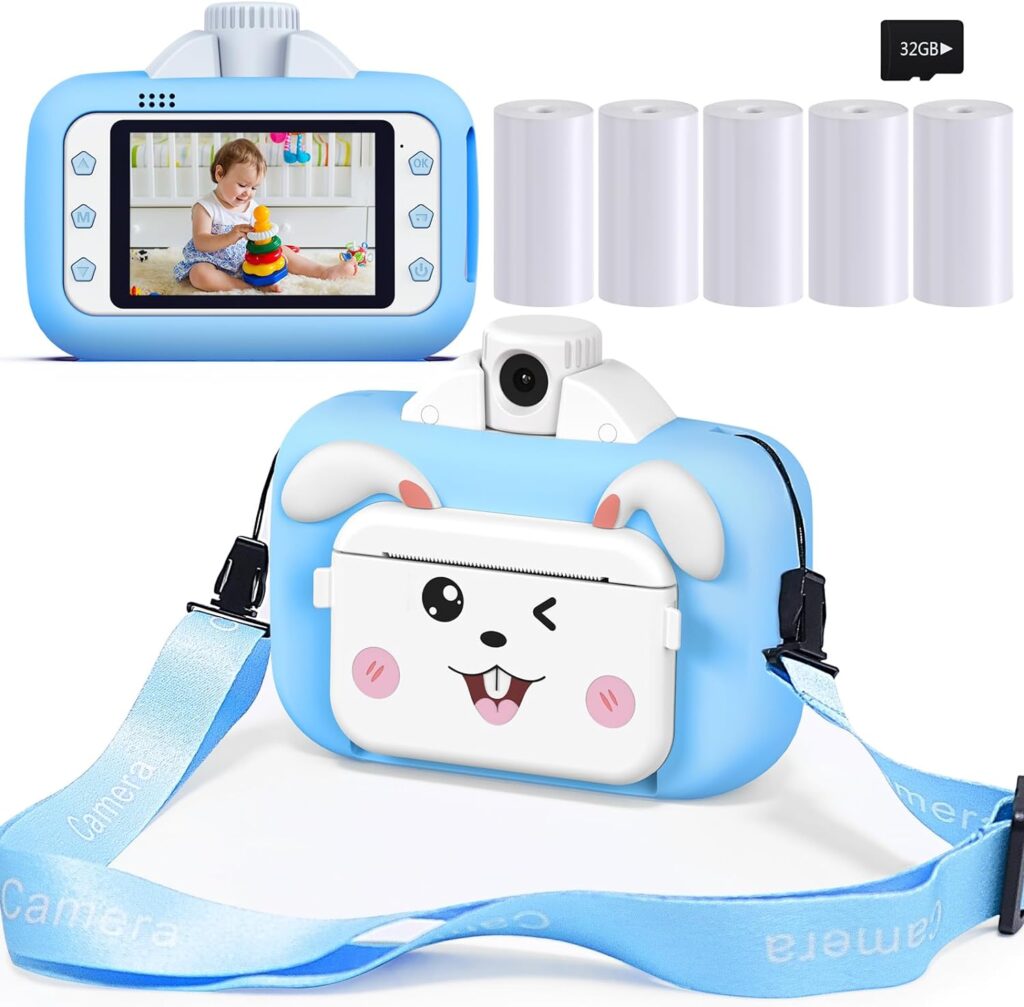 Barchrons Instant Print Digital Kids Camera 3.5 inch Large Screen 1080P Rechargeable Kids Camera for Girls with WiFi 32G SD Card Gift for 3-12 Years Old - Blue