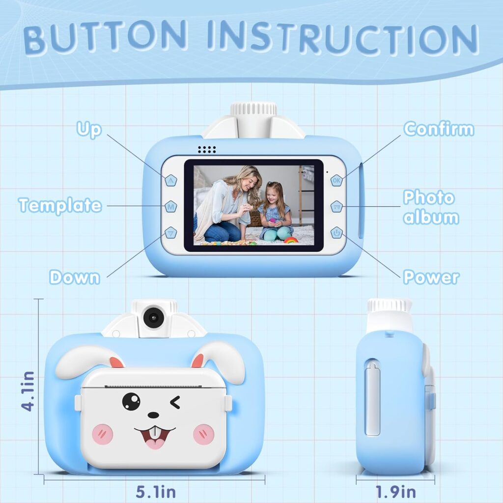 Barchrons Instant Print Digital Kids Camera 3.5 inch Large Screen 1080P Rechargeable Kids Camera for Girls with WiFi 32G SD Card Gift for 3-12 Years Old - Blue