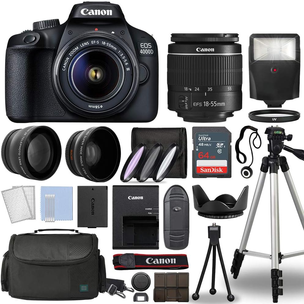 Canon EOS 4000D / Rebel T100 Digital SLR Camera Body w/Canon EF-S 18-55mm f/3.5-5.6 Lens 3 DSLR Kit Bundled with Complete Accessory Bundle + 64GB Flash  More - International Model (Renewed), Black