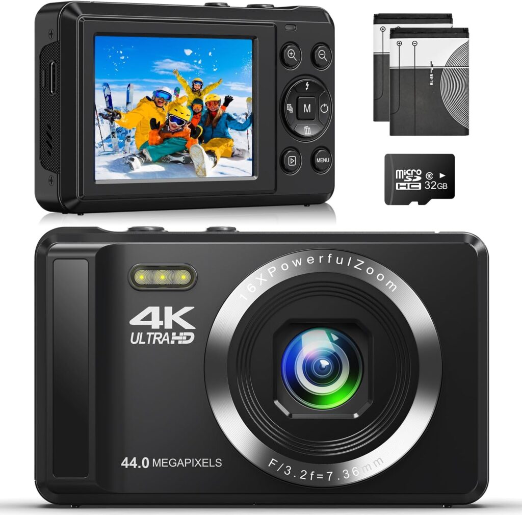 Digital Camera 4K 44MP Compact Camera with 16X Digital Zoom, Auto-Focus Kids Point and Shoot Digital Camera with 32GB SD Card, Portable Camera for Teens Kids Boys Girls