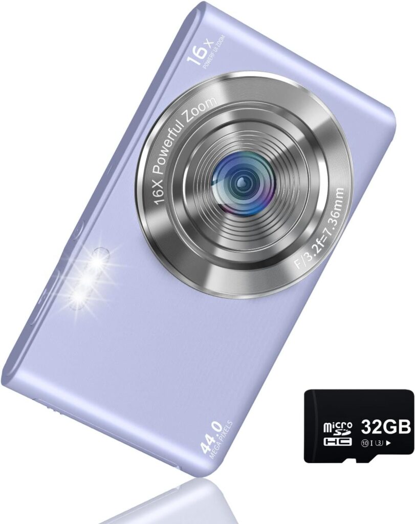 Digital Camera 4K 44MP with 32GB SD Card, 2.4 Inch Point and Shoot Camera with 16X Digital Zoom, Compact Mini Camera Kids Camera for Teens Boys Girls Adults Students Seniors(DC6-X3 Purple1)