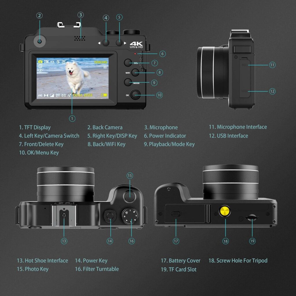 Digital Camera, 4K Vlog Camera, Dual Cam Front and Rear, Autofocus  Anti-Shake, 7 Color Filters, Face Detect, 3 IPS Screen, 140°Wide Angle, 18X Zoom, 64G TF Card  Hand Strap AA-12