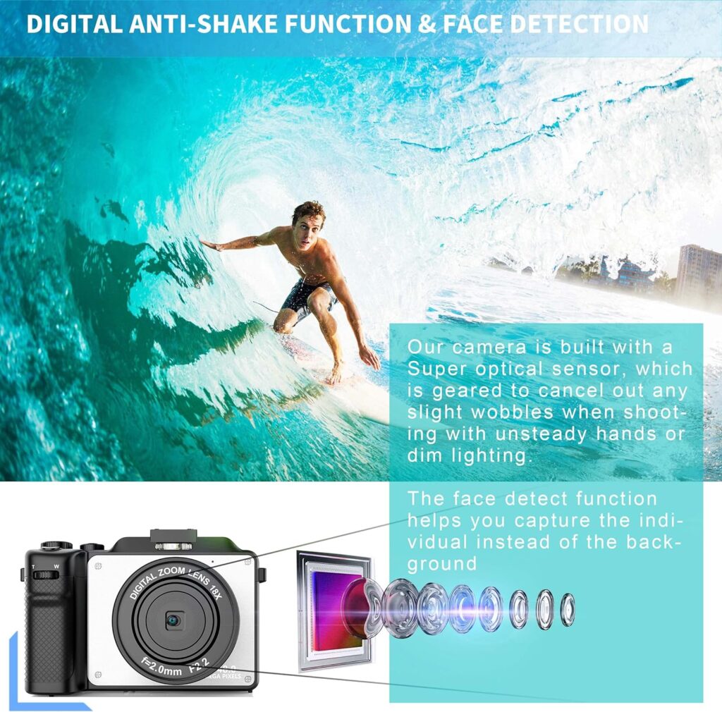 Digital Camera, 4K Vlog Camera, Dual Cam Front and Rear, Autofocus  Anti-Shake, 7 Color Filters, Face Detect, 3 IPS Screen, 140°Wide Angle, 18X Zoom, 64G TF Card  Hand Strap AA-12