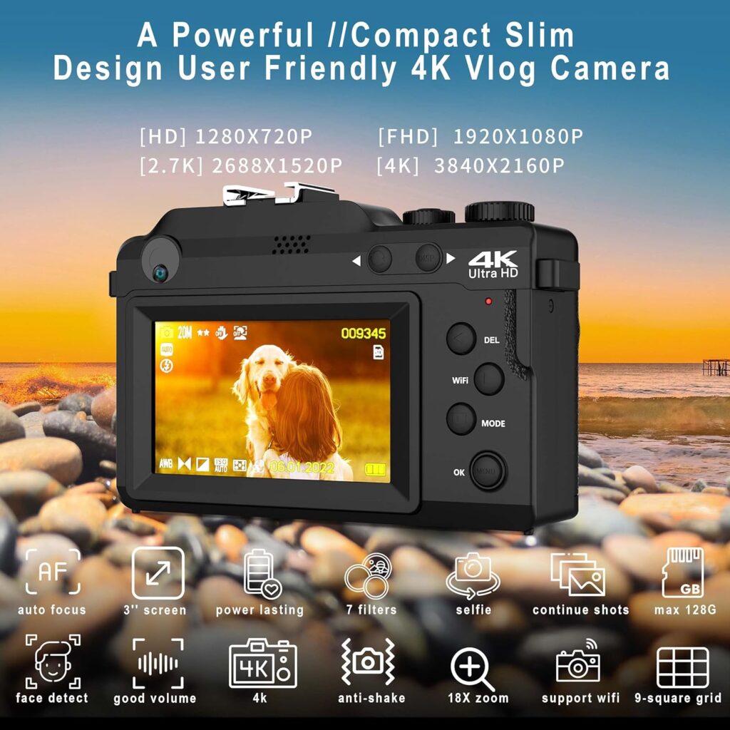 Digital Camera, 4K Vlog Camera, Dual Cam Front and Rear, Autofocus  Anti-Shake, 7 Color Filters, Face Detect, 3 IPS Screen, 140°Wide Angle, 18X Zoom, 64G TF Card  Hand Strap AA-12