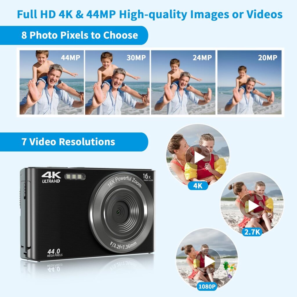 Digital Camera, FHD 1080P Digital Camera for Kids Video Camera with 64GB SD Card 16X Digital Zoom, Compact Point and Shoot Camera Portable for Kids Boys Girls Teens Students Seniors (Purple)