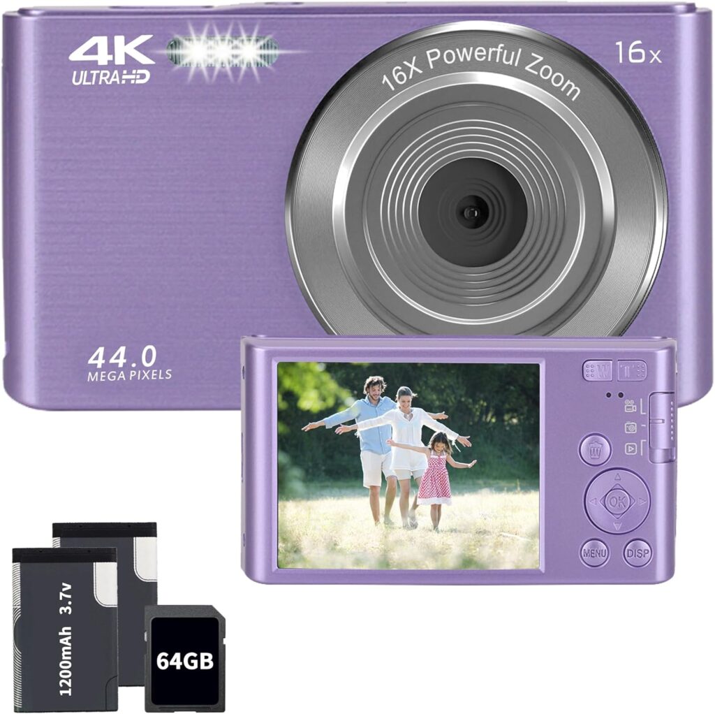 Digital Camera, FHD 1080P Digital Camera for Kids Video Camera with 64GB SD Card 16X Digital Zoom, Compact Point and Shoot Camera Portable for Kids Boys Girls Teens Students Seniors (Purple)