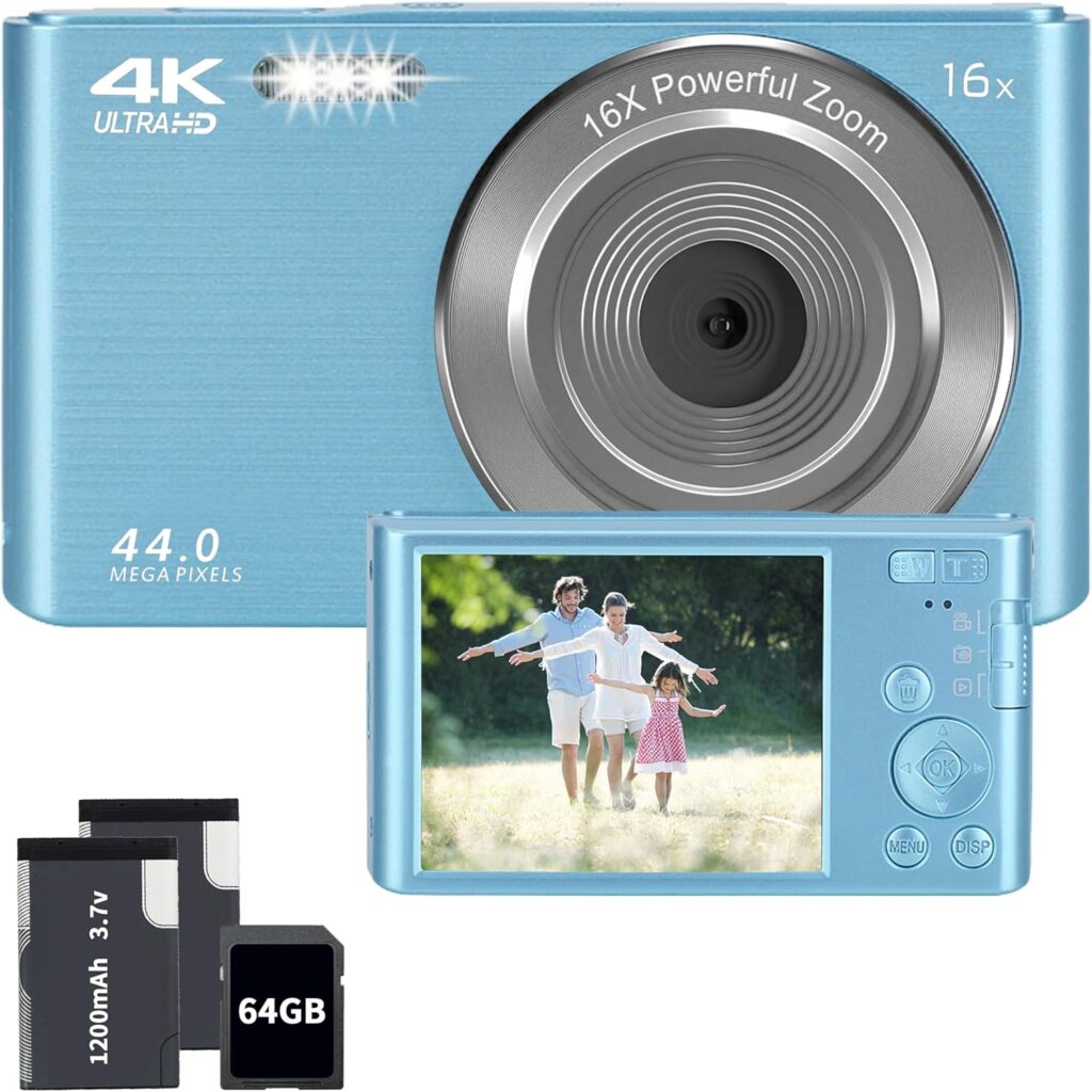 Digital Camera, FHD 1080P Digital Camera for Kids Video Camera with 64GB SD Card 16X Digital Zoom, Compact Point and Shoot Camera Portable for Kids Boys Girls Teens Students Seniors (Purple)