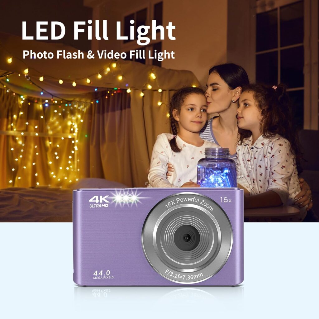 Digital Camera, FHD 1080P Digital Camera for Kids Video Camera with 64GB SD Card 16X Digital Zoom, Compact Point and Shoot Camera Portable for Kids Boys Girls Teens Students Seniors (Purple)