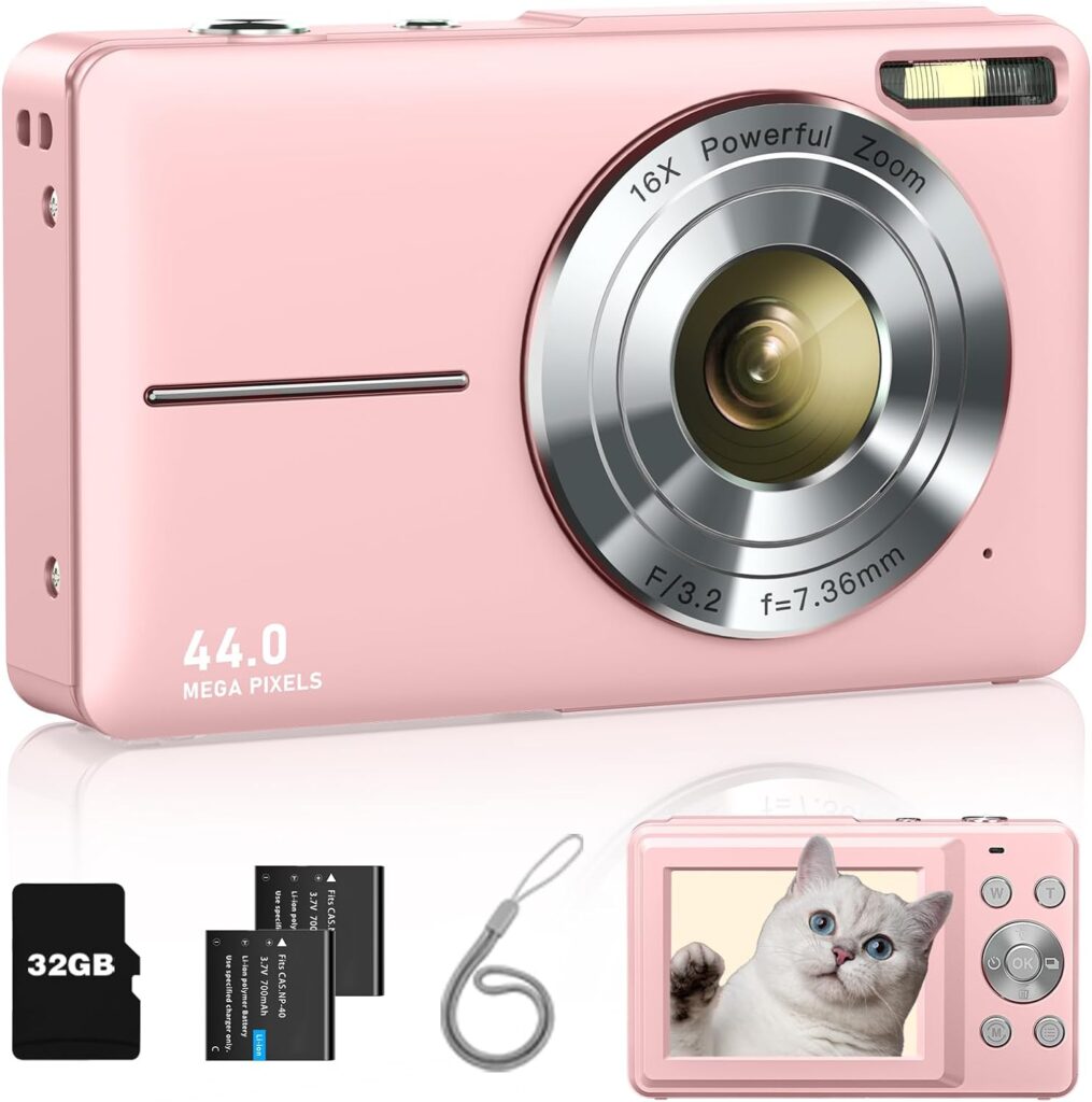 Digital Camera, FHD 1080P Kids Camera with 32GB Card, 2 Batteries, Lanyard, 16X Zoom Anti Shake, 44MP Compact Portable Small Point and Shoot Cameras Gift for Kids Student Children Teens Girl Boy(Pink)