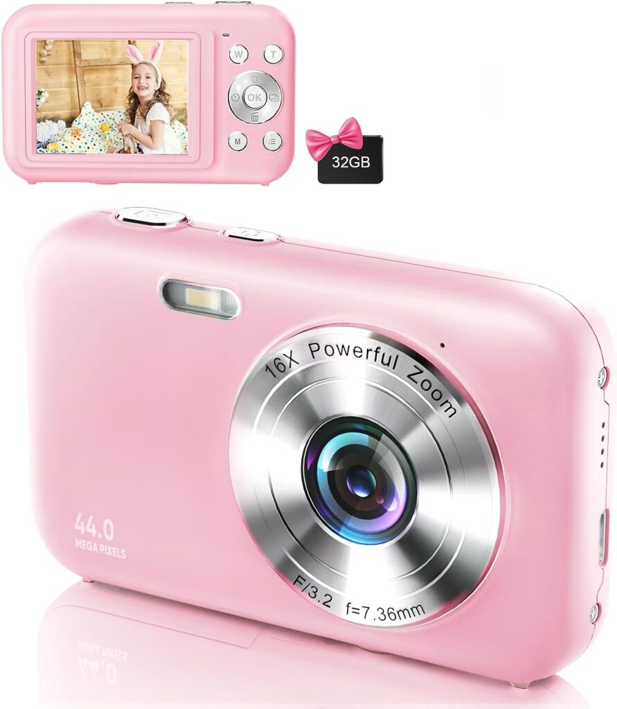 Digital Camera, FHD 1080P Kids Camera with 32GB SD Card 44MP Point and Shoot Camera with 16X Digital Zoom, Compact Portable Small Digital Camera for Teens Students Kids Girls Boys Beginner-Pink