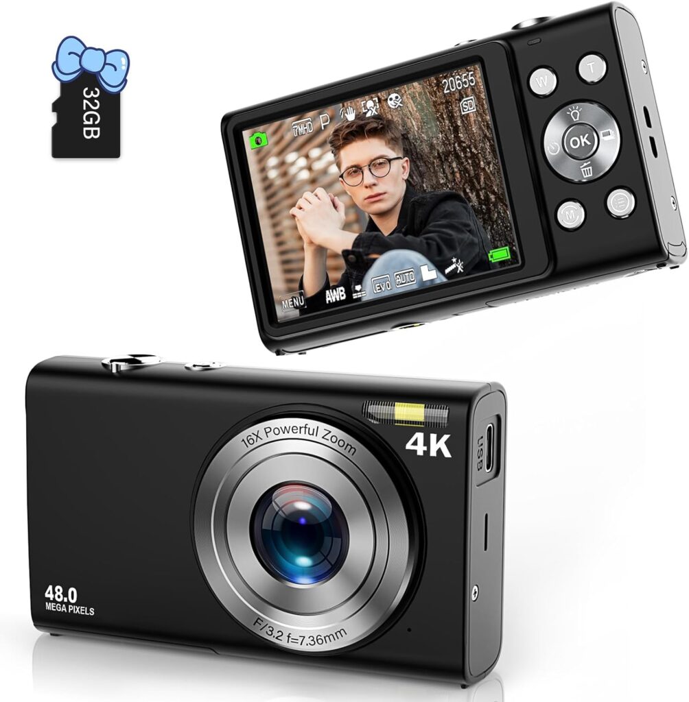 Digital Camera, FHD 4K Autofocus Vlogging Camera 48MP 16X Digital Zoom Digital Camera with 32GB Memory Card YouTube Portable Compact Small Camera for Teens Adult Beginner Kids