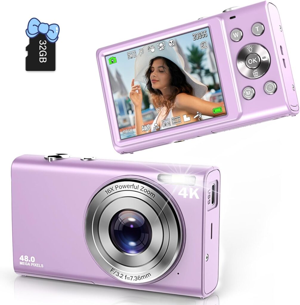 Digital Camera, FHD 4K Autofocus Vlogging Camera 48MP 16X Digital Zoom Digital Camera with 32GB Memory Card YouTube Portable Compact Small Camera for Teens Adult Beginner Kids