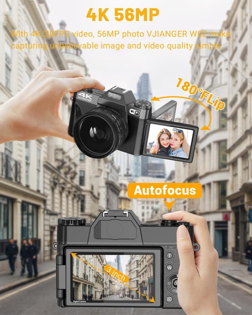 Digital Camera for Photography VJIANGER 4K 48MP Vlogging Camera for YouTube with WiFi, 180 Degree Flip Screen, 16X Digital Zoom, 52mm Wide Angle  Macro Lens, 2 Batteries, 32GB TF Card(W02 Black6)