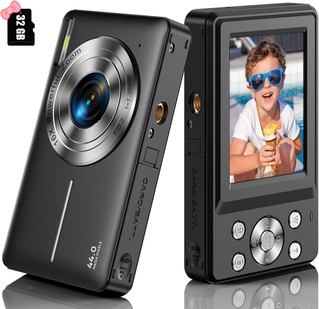 Digital Camera, Kids Camera FHD 1080P 44MP Small Digital Camera with 32GB SD Card Vlogging Camera 16X Digital Zoom, Point and Shoot Digital Camera Gift for Kids Boys Girls Teens Students - Black