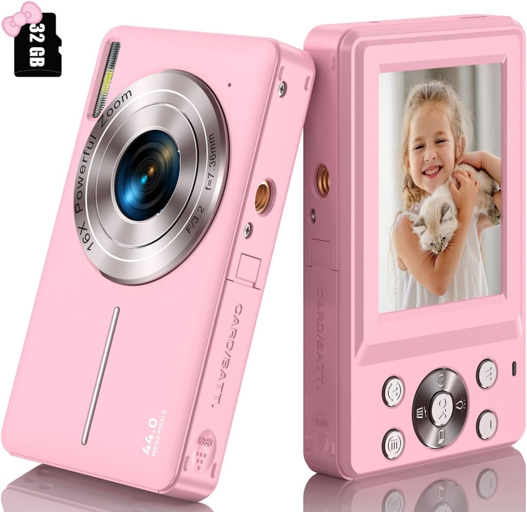 Digital Camera, Kids Camera FHD 1080P 44MP Small Digital Camera with 32GB SD Card Vlogging Camera 16X Digital Zoom, Point and Shoot Digital Camera Gift for Kids Boys Girls Teens Students - Black