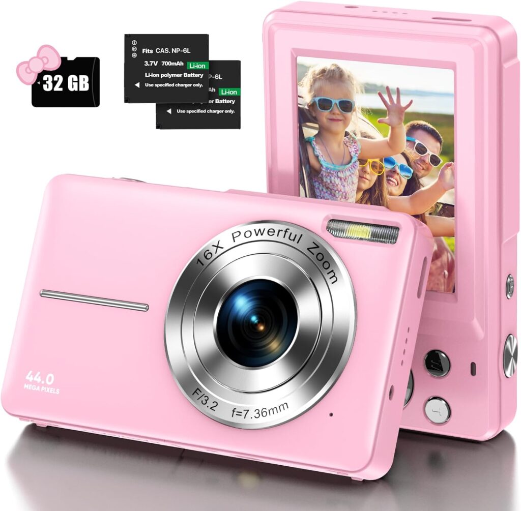 Digital Camera, Kids Camera with 32GB Card FHD 1080P 44MP Vlogging Camera with LCD Screen 16X Zoom Compact Portable Mini Rechargeable Camera Gifts for Students Teens Adults Girls Boys-Pink