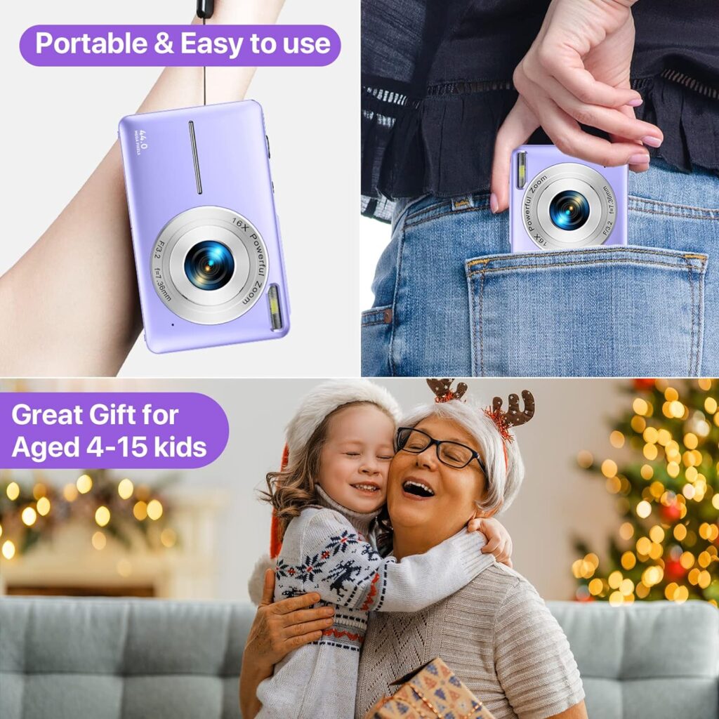 Digital Camera, Kids Camera with 32GB Card FHD 1080P 44MP Vlogging Camera with LCD Screen 16X Zoom Compact Portable Mini Rechargeable Camera Gifts for Students Teens Adults Girls Boys-Pink