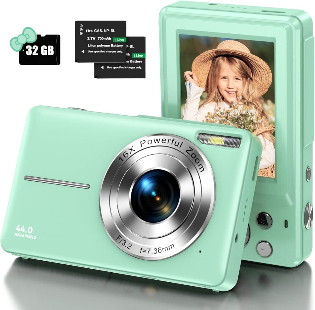 Digital Camera, Kids Camera with 32GB Card FHD 1080P 44MP Vlogging Camera with LCD Screen 16X Zoom Compact Portable Mini Rechargeable Camera Gifts for Students Teens Adults Girls Boys-Pink