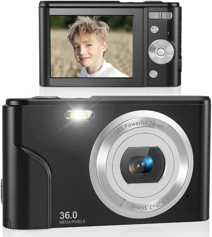 Digital Camera, Lecran Kids Camera FHD 1080P 36.0 Mega Pixels Vlogging Camera with 16X Digital Zoom, LCD Screen, Compact Portable Mini Cameras for Teens, Beginners, Students, Kids (Black)