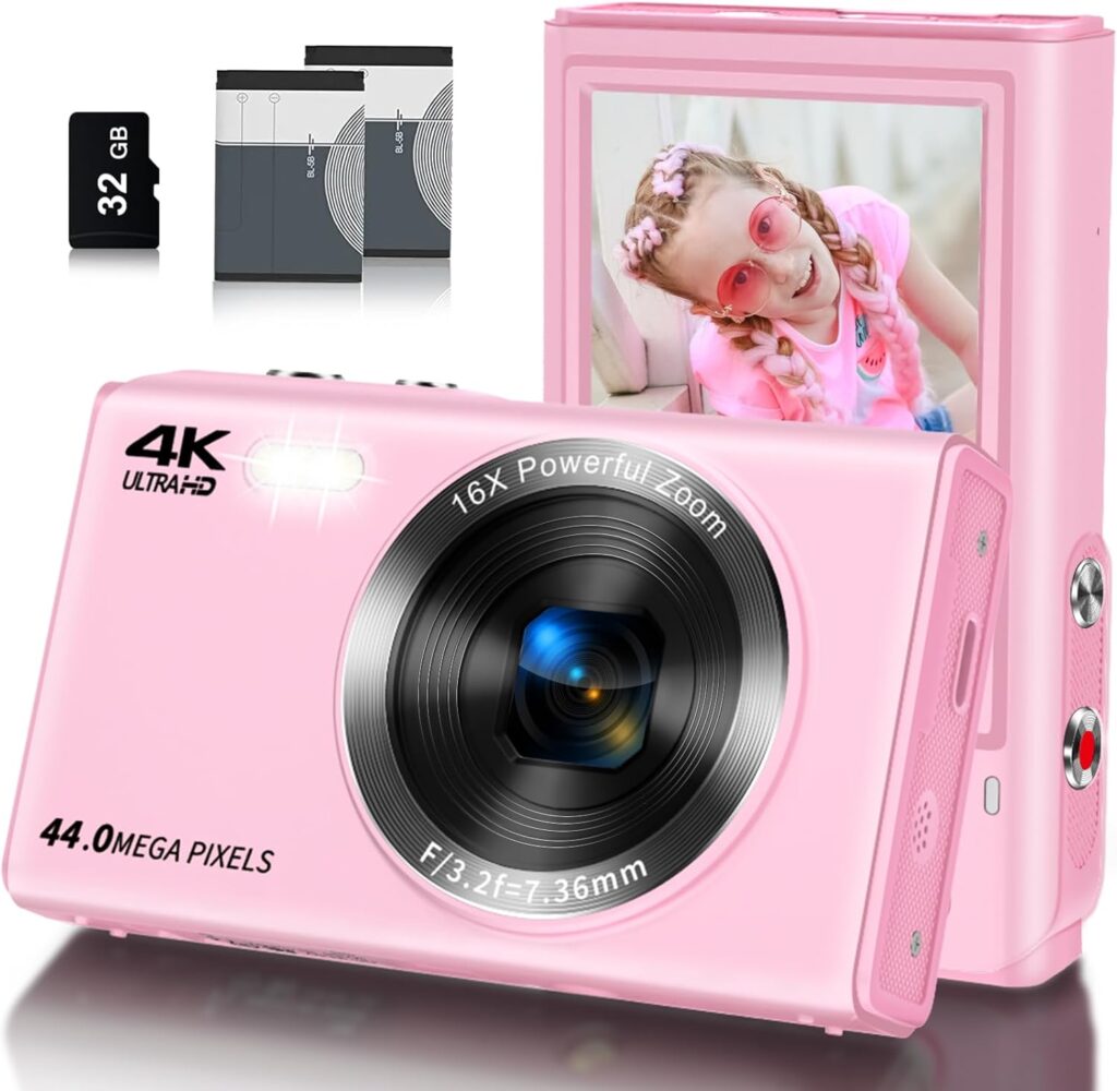 Digital Camera, Saneen FHD Kids Cameras for Photography, 4K 44MP Compact Point and Shoot Camera for Kids, Teens  Beginners with 32GB SD Card,16X Digital Zoom, 2 Rechargeable Batteries-Pink