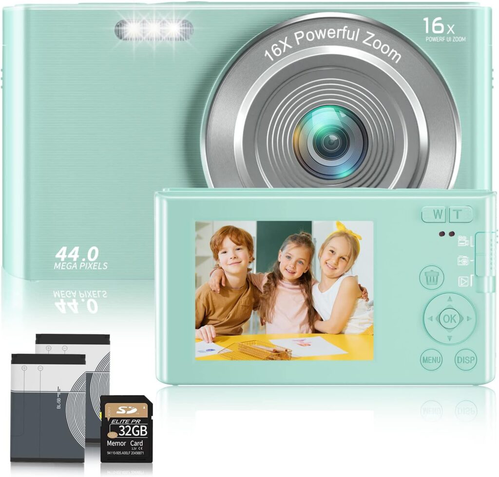 Digital Camera,Kids Camera with 32GB Card 4K 44MP Point and Shoot Camera with 16X Digital Zoom 2.4 Inch,Vlogging Camera for Students Teens Adults Girls Boys-Green3